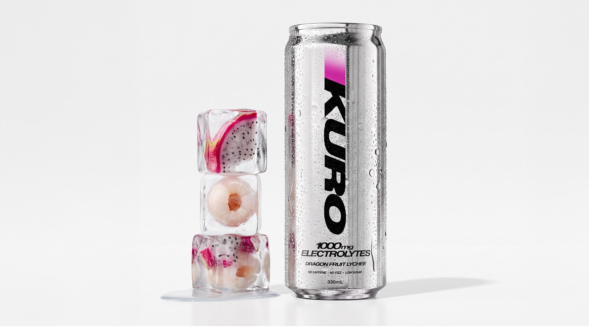A KURO can beside dragonfruit and lychee ice