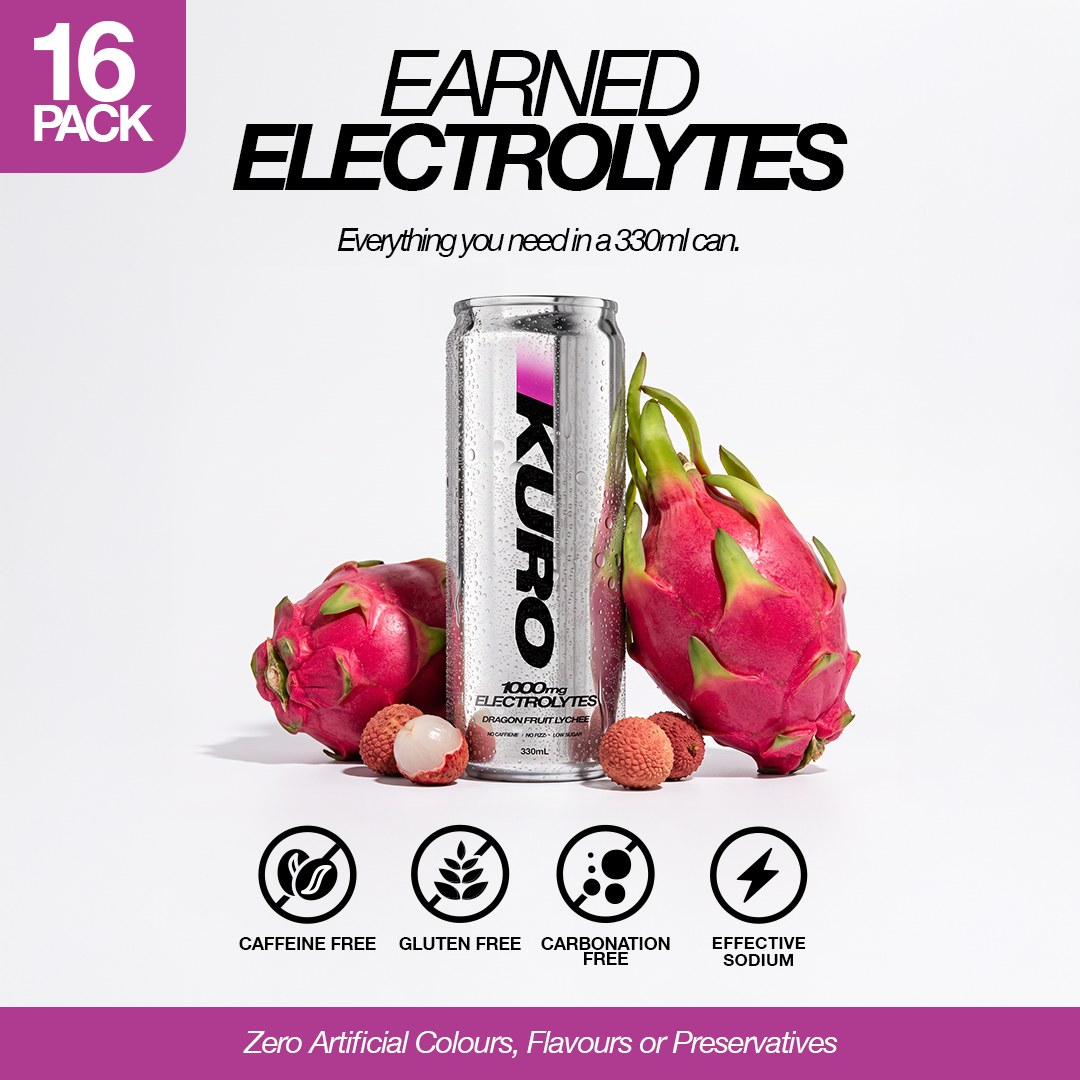 A KURO can with whole dragonfruit and lychees — 1000mg of electrolytes in a 330ml can